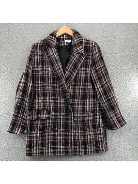 Aaron & Amber Coat Womens Large Black Plaid Tweed Double Breasted Blazer Pockets